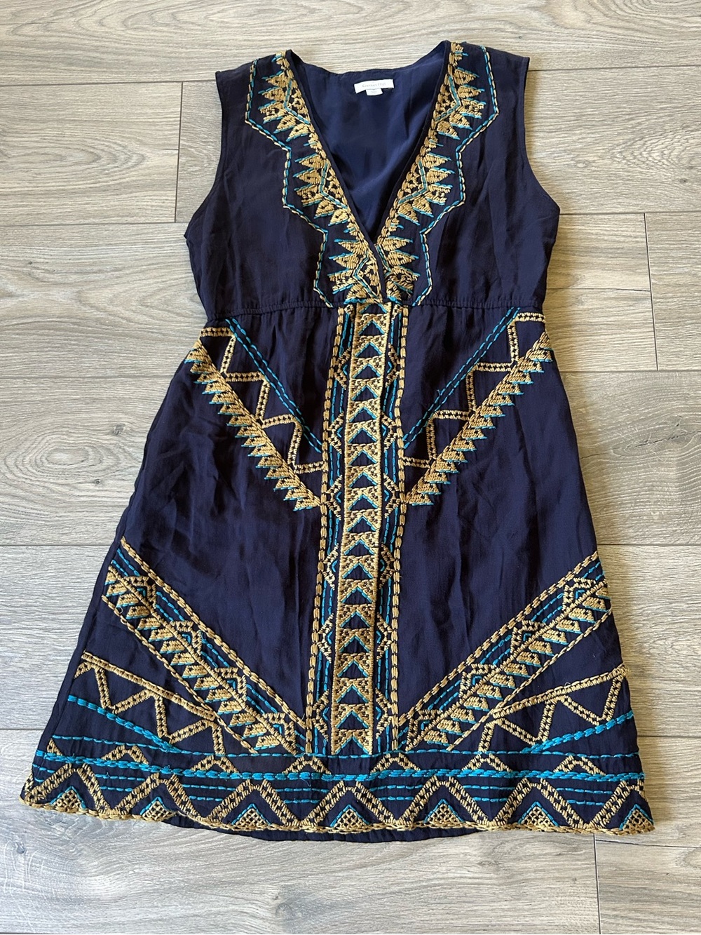 Garnet Hill Navy Embroidered Mini Dress with Gold and Teal Accents